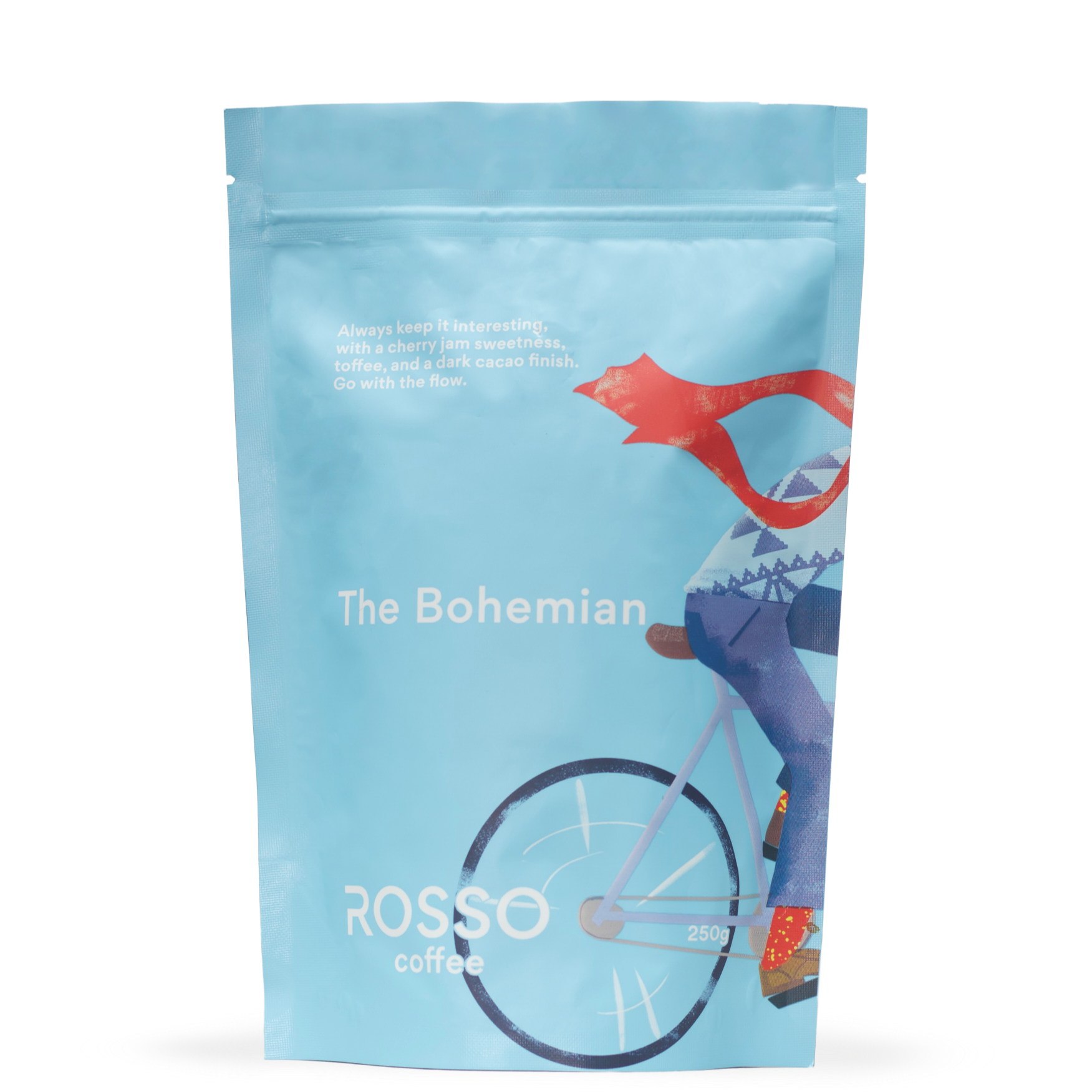 A bag of Rosso Coffee the Bohemian blend with tasting notes of cherry jam sweetness and a toffee and dark cacao finish.