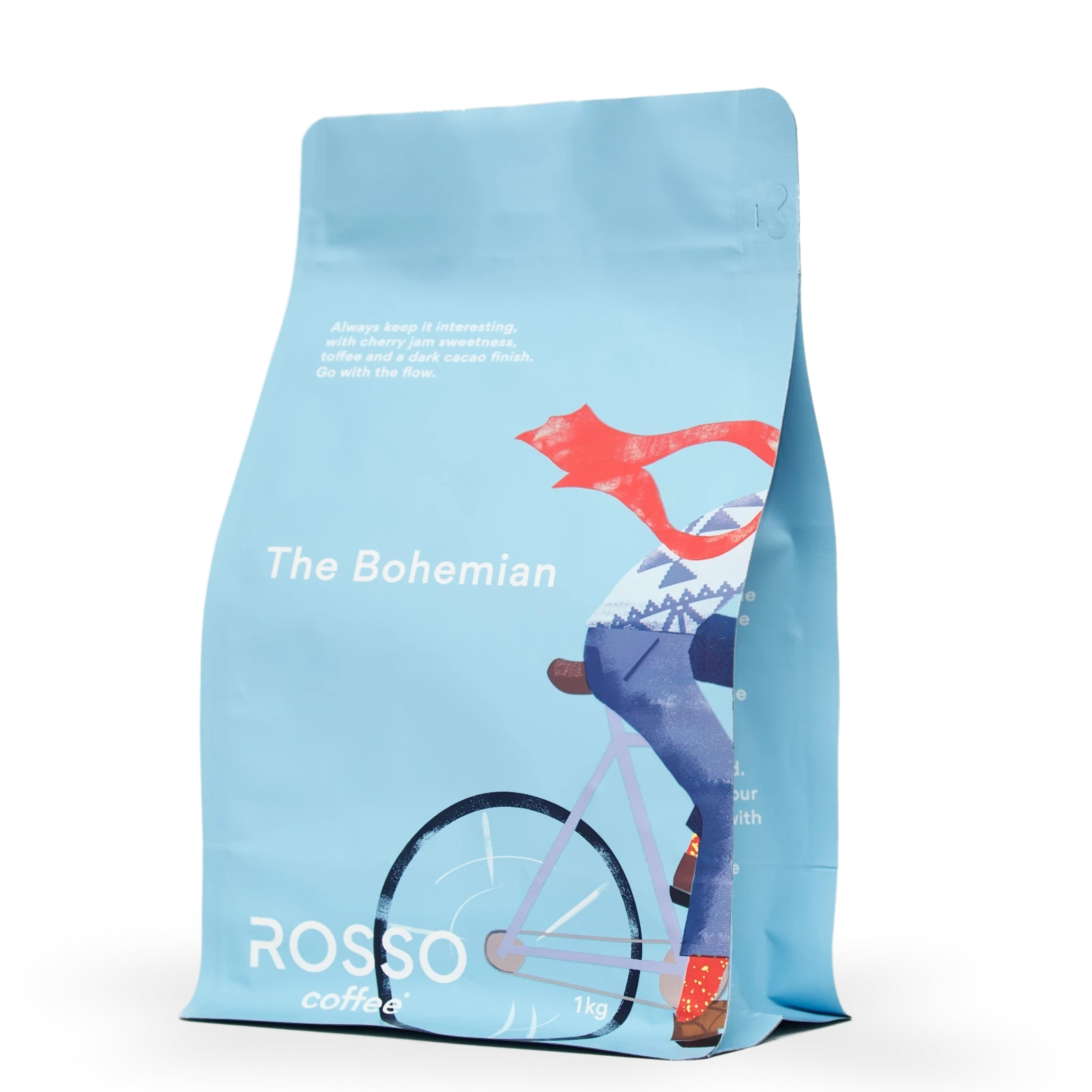 A large 1kg bag of Rosso Coffee the Bohemian blend with tasting notes of cherry jam sweetness and a toffee and dark cacao finish.
