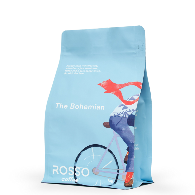 A large 1kg bag of Rosso Coffee the Bohemian blend with tasting notes of&nbsp;cherry jam sweetness and a toffee and dark cacao finish.