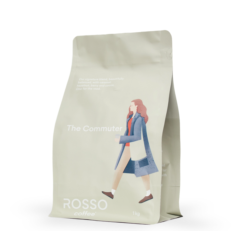 A 1kg Bag of Rosso Coffee the Commuter blend, a medium roast specialty coffee with notes of caramel, hazelnut and berry notes and a sweet dark chocolate finish.