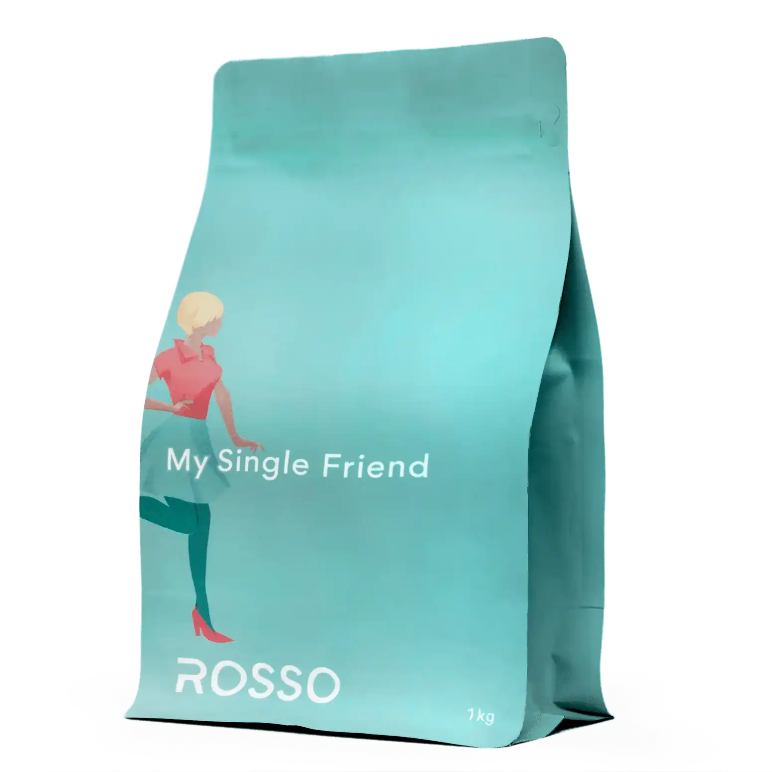 Teal Single Origin coffee bag with 'My Single Friend' and 'ROSSO' branding on a white background