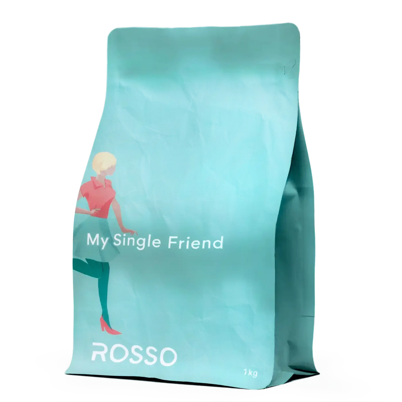 Teal Single Origin coffee bag with 'My Single Friend' and 'ROSSO' branding on a white background