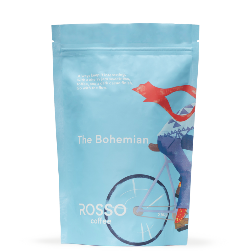A bag of Rosso Coffee the Bohemian blend with tasting notes of&nbsp;cherry jam sweetness and a toffee and dark cacao finish.