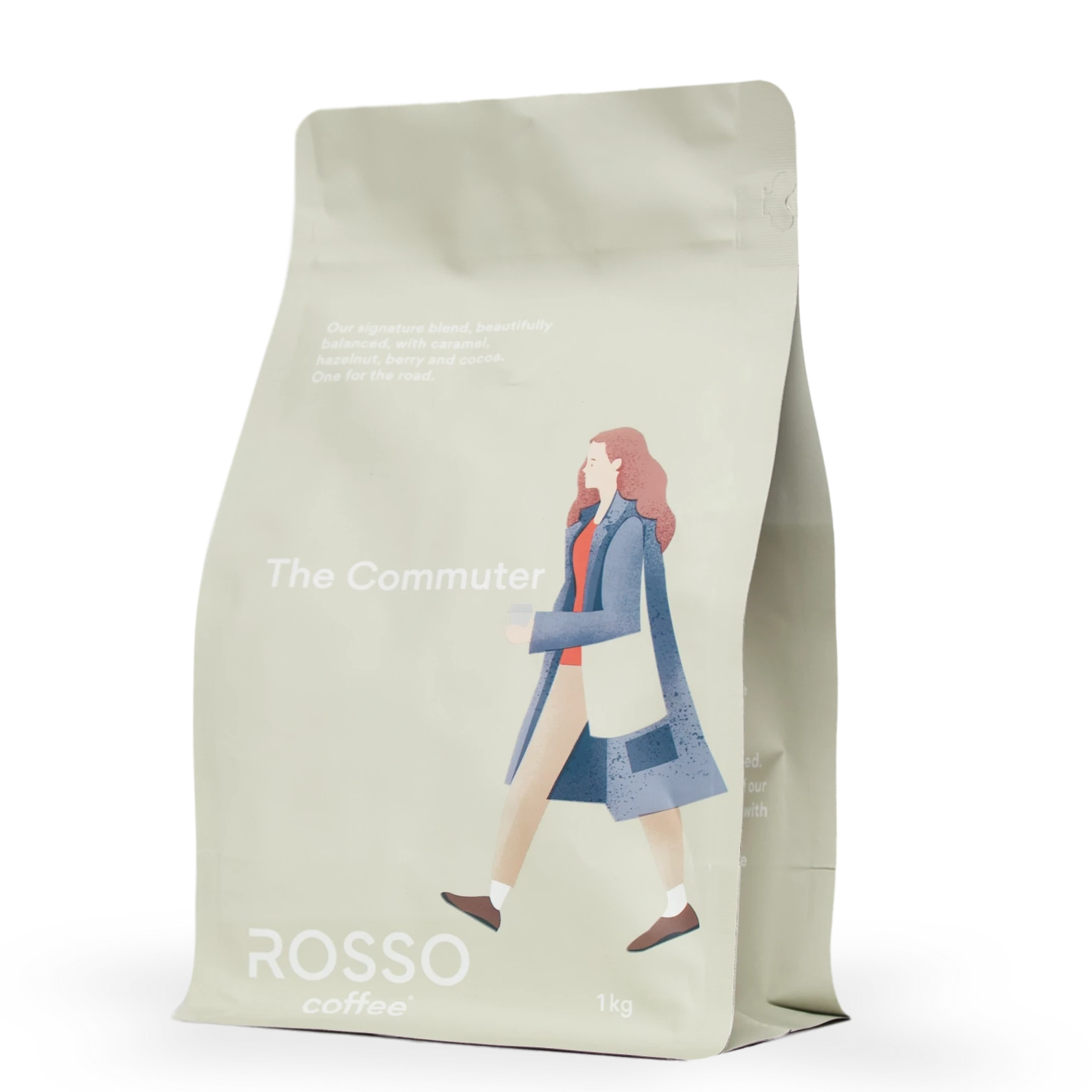 A 1kg Bag of Rosso Coffee the Commuter blend, a medium roast specialty coffee with notes of caramel, hazelnut and berry notes and a sweet dark chocolate finish.