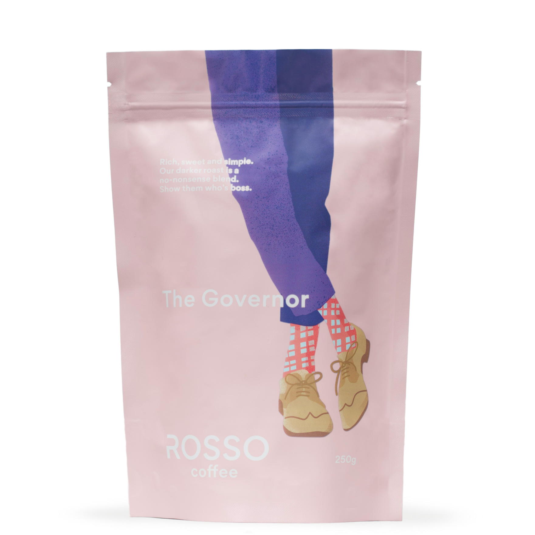 A bag of Rosso Coffee the Governor a dark roast blend with rich chocolate fudge notes, and orange marmalade finish.