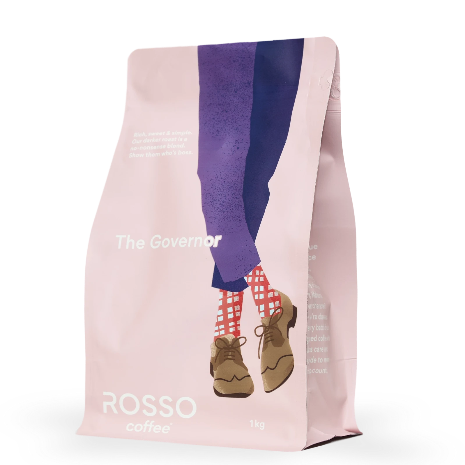 A 1kg bag of Rosso Coffee the Governor a dark roast blend with rich chocolate fudge notes, and orange marmalade finish.