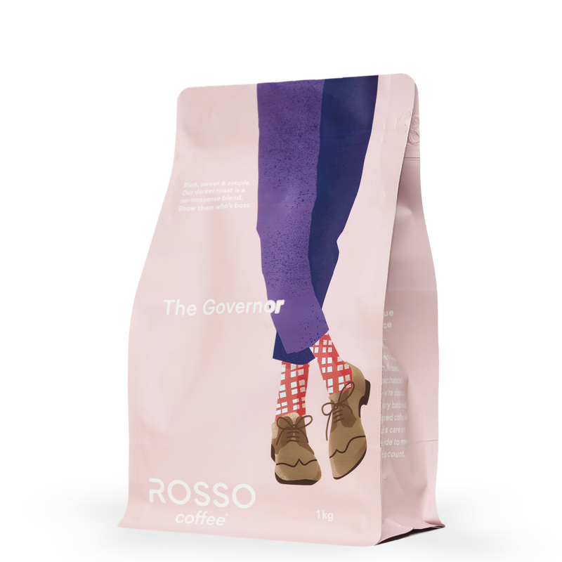 A 1kg bag of Rosso Coffee the Governor a dark roast blend with rich chocolate fudge notes, and orange marmalade finish.