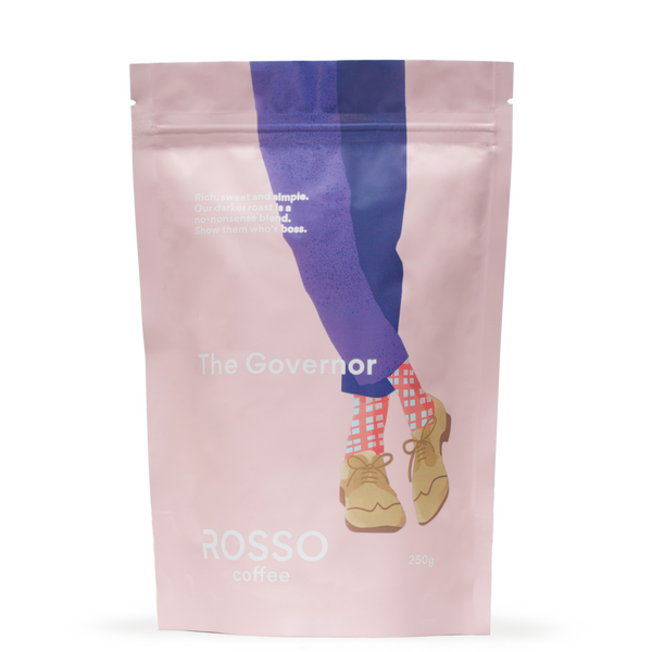 A bag of Rosso Coffee the Governor a dark roast blend with rich chocolate fudge notes, and orange marmalade finish.