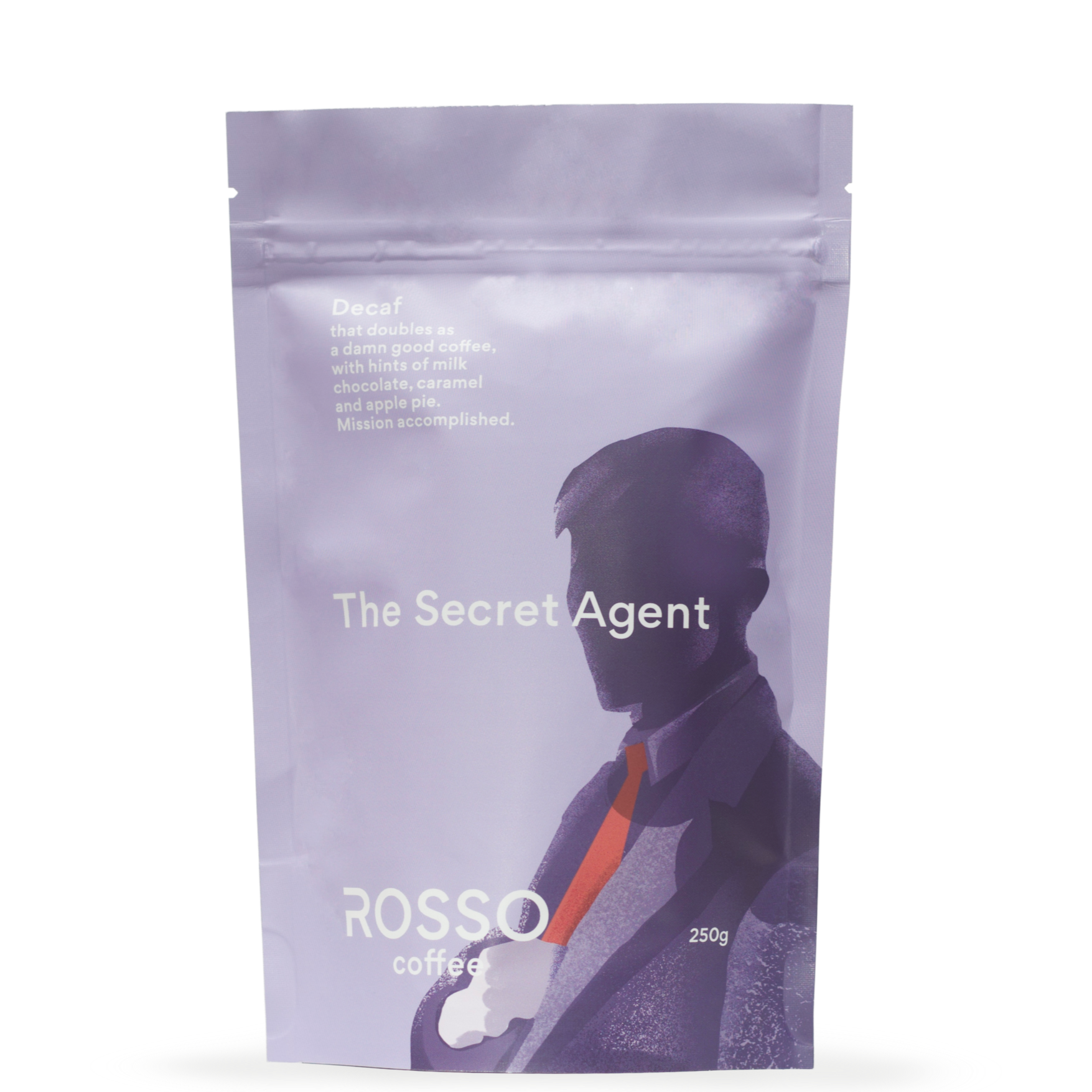 Rosso Coffee Secret Agent Decaf Specialty Coffee blend, tasting notes include soft body and a nutty caramel finish