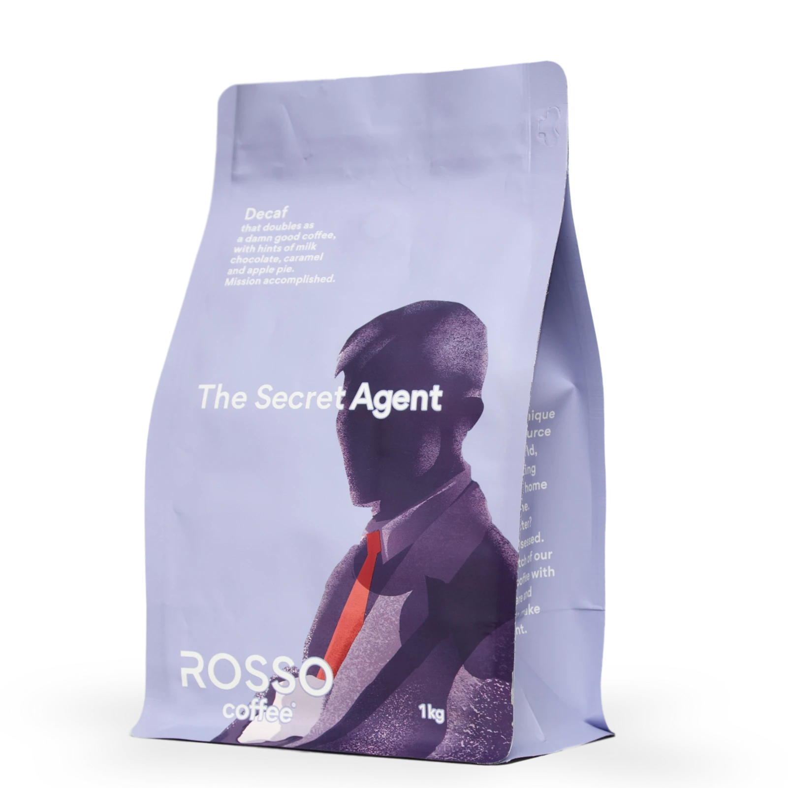 A 1kg bag of Rosso Coffee Secret Agent Decaf Specialty Coffee blend, tasting notes include soft body and a nutty caramel finish