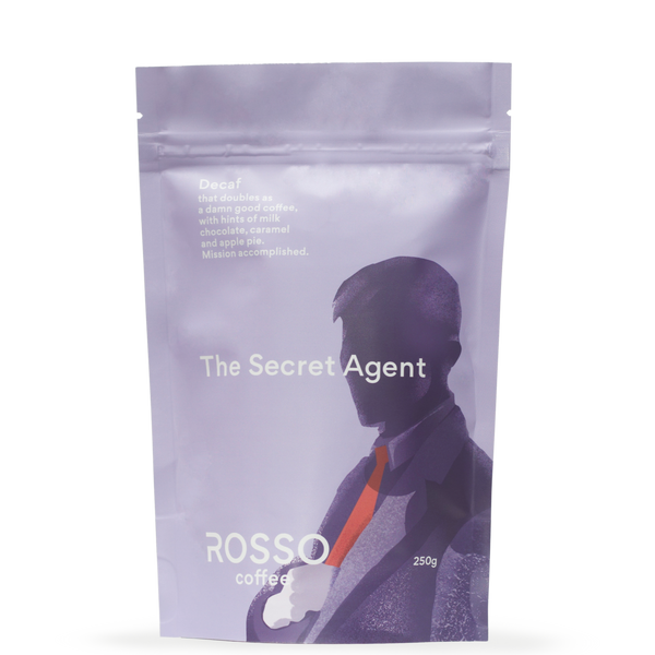 Rosso Coffee Secret Agent Decaf Specialty Coffee blend, tasting notes include soft body and a nutty caramel finish