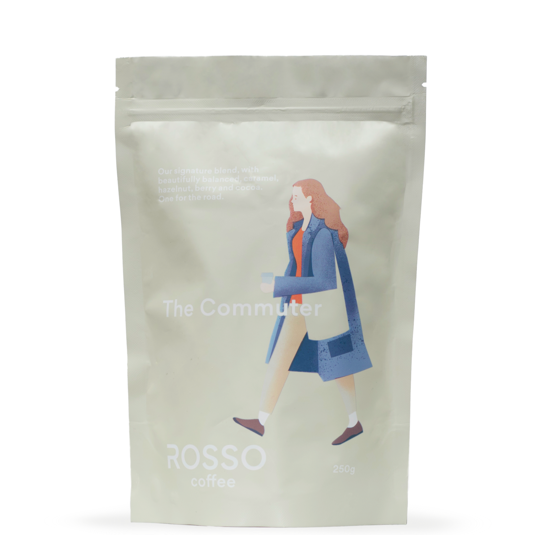 A Bag of Rosso Coffee the Commuter blend, a medium roast specialty coffee with notes of caramel, hazelnut and berry notes and a sweet dark chocolate finish.